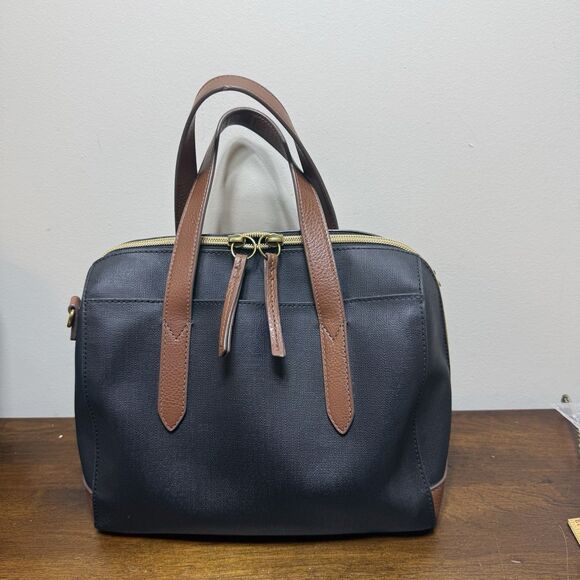 Fossil Handbags - Fossil Sydney Satchel Shoulder Bag Black Brown Leather  Double Handles
